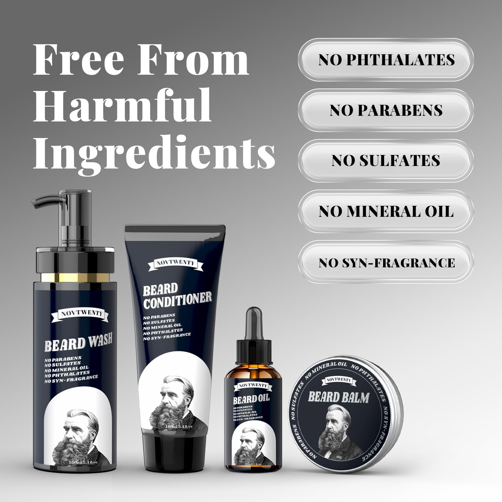 Mobiuty Ensemble de soins de barbe pour homme avec ingrédients naturels avec lavage à barbe, huile à barbe, baume à barbe et peigne à barbe, coffret cadeau pour petit ami, mari, père
