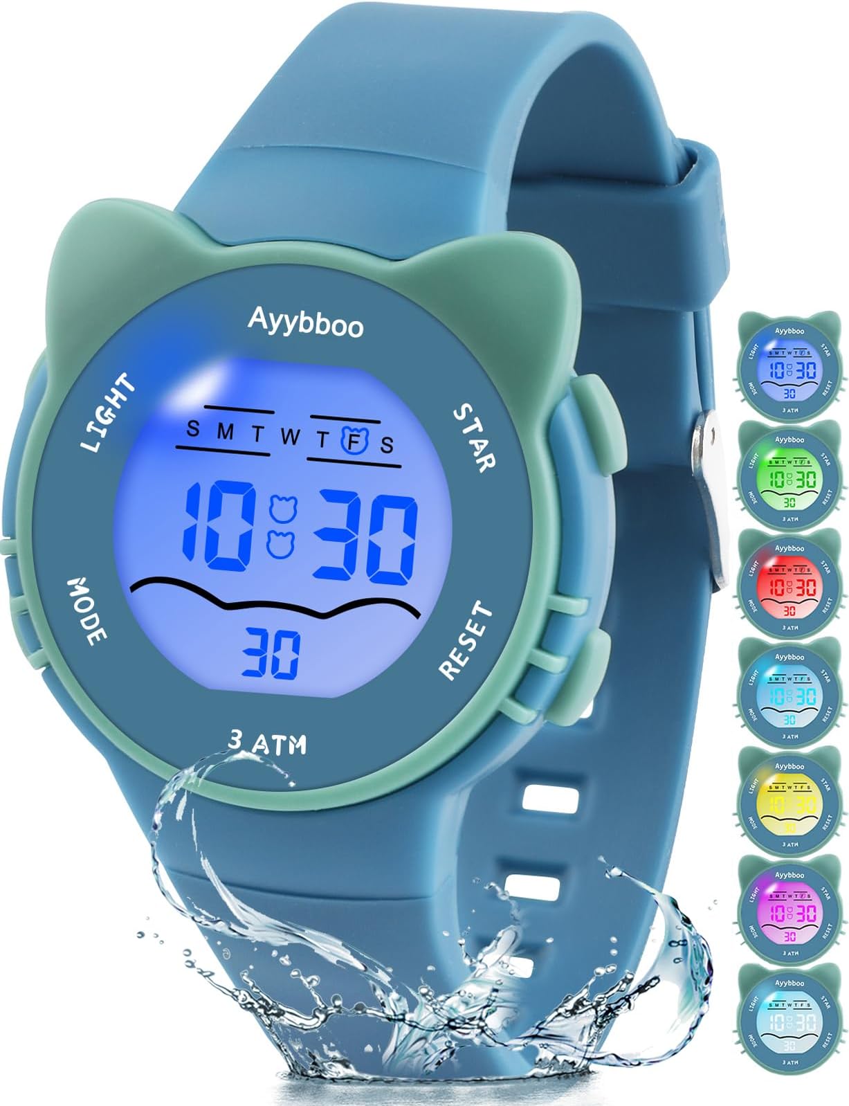 Kids Digital Watch for Girls Boys 7 Colors Light Waterproof Watch with Alarm Stopwatch Cute Cat Watch Kids Gift for Girls Boys 5-13 Years Old, blue, kids watch