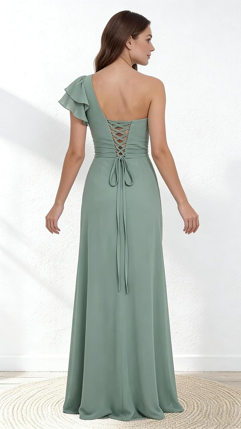 Long Chiffon One Shoulder Wedding Guest Dress Corset Ruffle Bridesmaid Dresses for Women