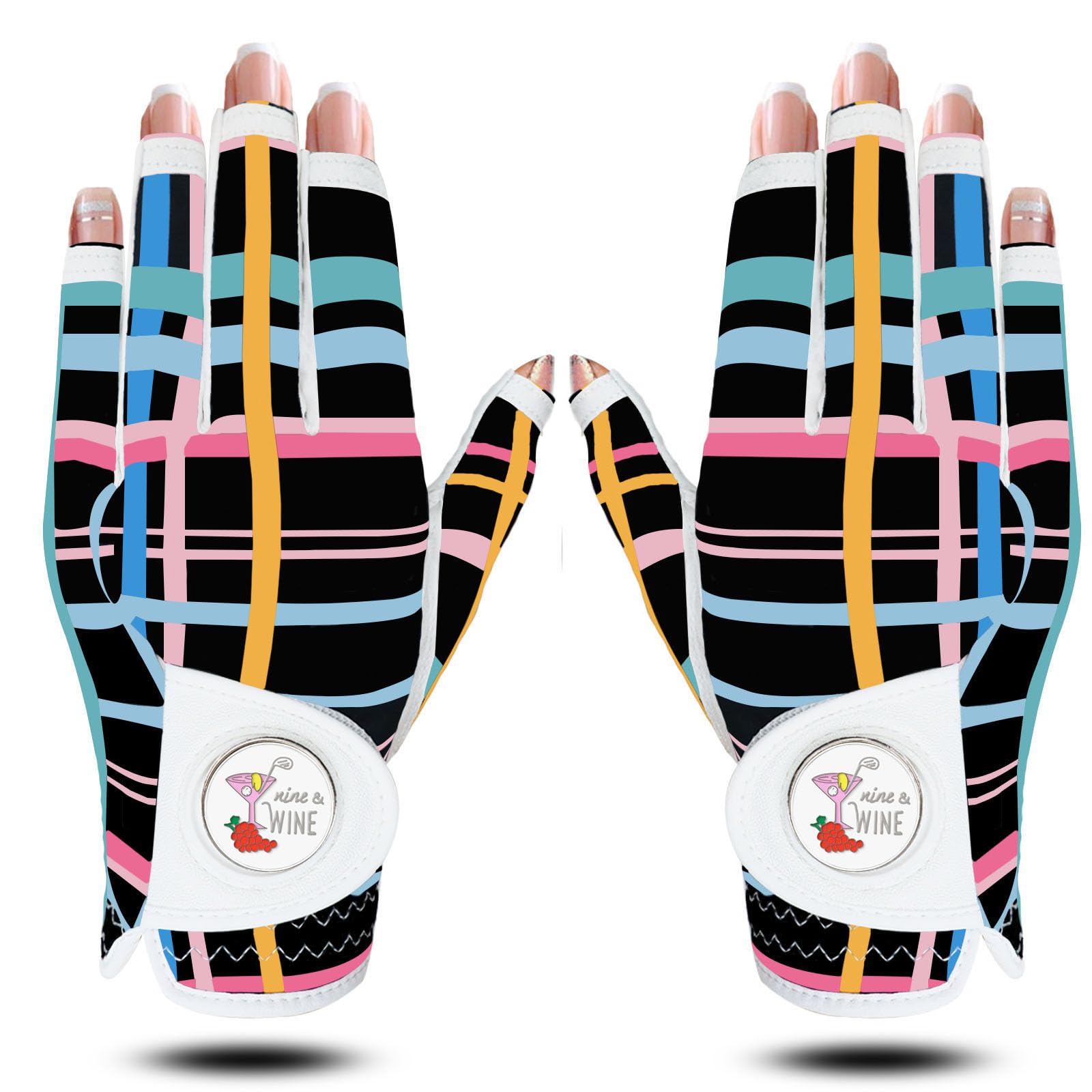 AMRTA Golf Gloves Women Half Finger Left Hand Leather with Ball Marker 1 Pack, Colored Glove for Ladies Right Handed Golfer All Weather Grip (Black Stripe, XL)