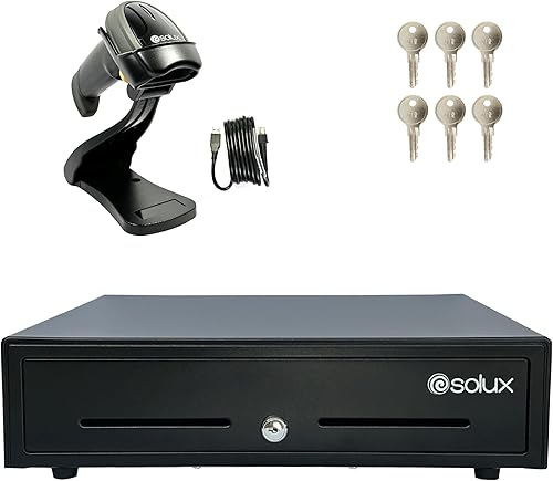 SOLUX Cajón de efectivo de 16 pulgadas + escáner de código de barras con cable USB, escáner de código de barras 2D QR para sistema POS, pequeñas