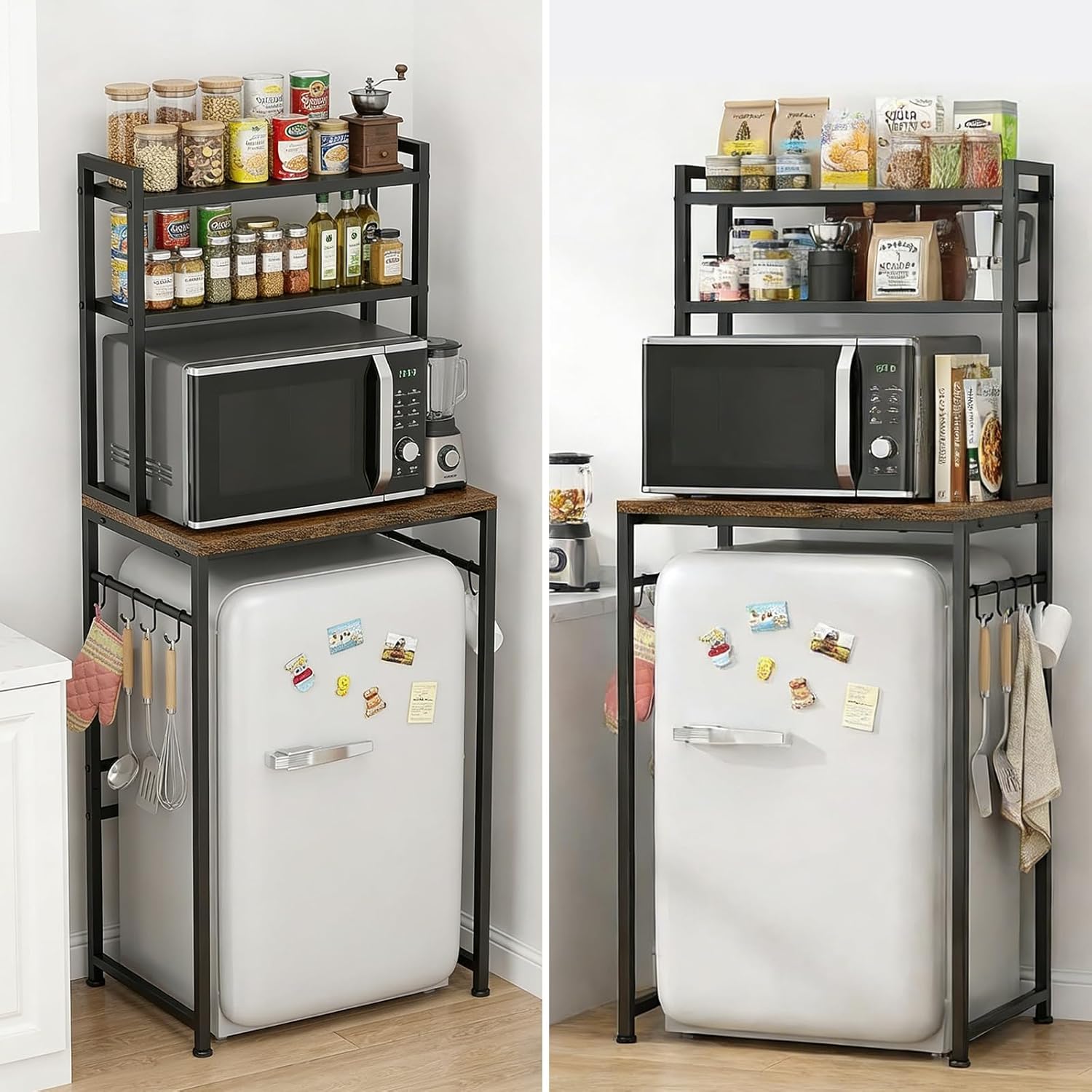 ikkle Mini Fridge Stand with Storage Shelves, 3-Tier Mini Fridge Rack with Microwave Storage, Wood Utility Storage Shelf with Mini Fridge Storage Space for Dorm Kitchen (Brown