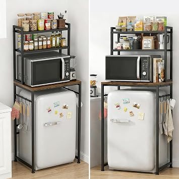 Mini Fridge Stand with Storage Shelves, 3-Tier Mini Fridge Cabinet, Brown | Microwave Organizer Shelf & Bakers Rack, Wood Utility Rack with Mini Fridge Storage Space for Home Kitchen, Dorm, Office