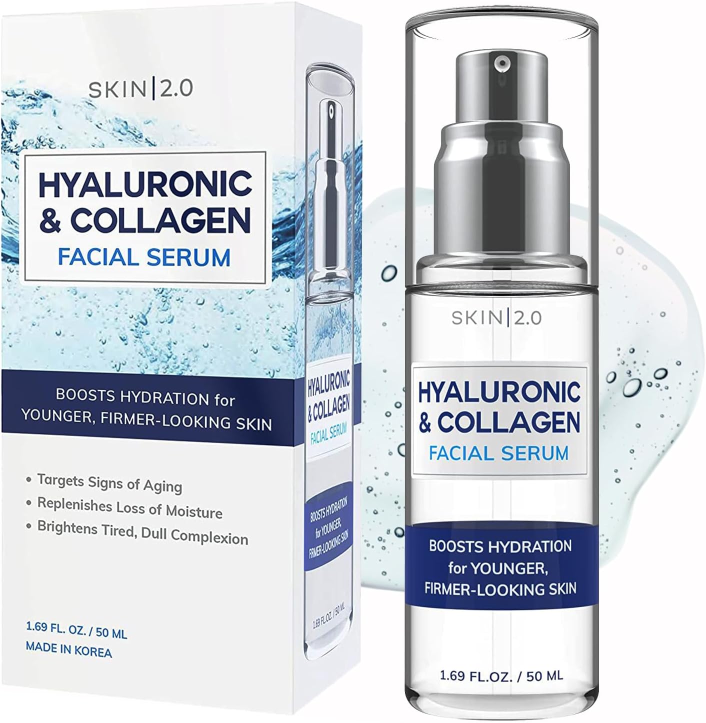 Skin 2.0 Hyaluronic Acid and Collagen Face Serum - Dermatologist Tested - Locks in Moisture, Skin Tightening, Anti-aging, Hydrating Facial Serum - Korean Skin Care - All Skin Types - 1.69 Fl. oz