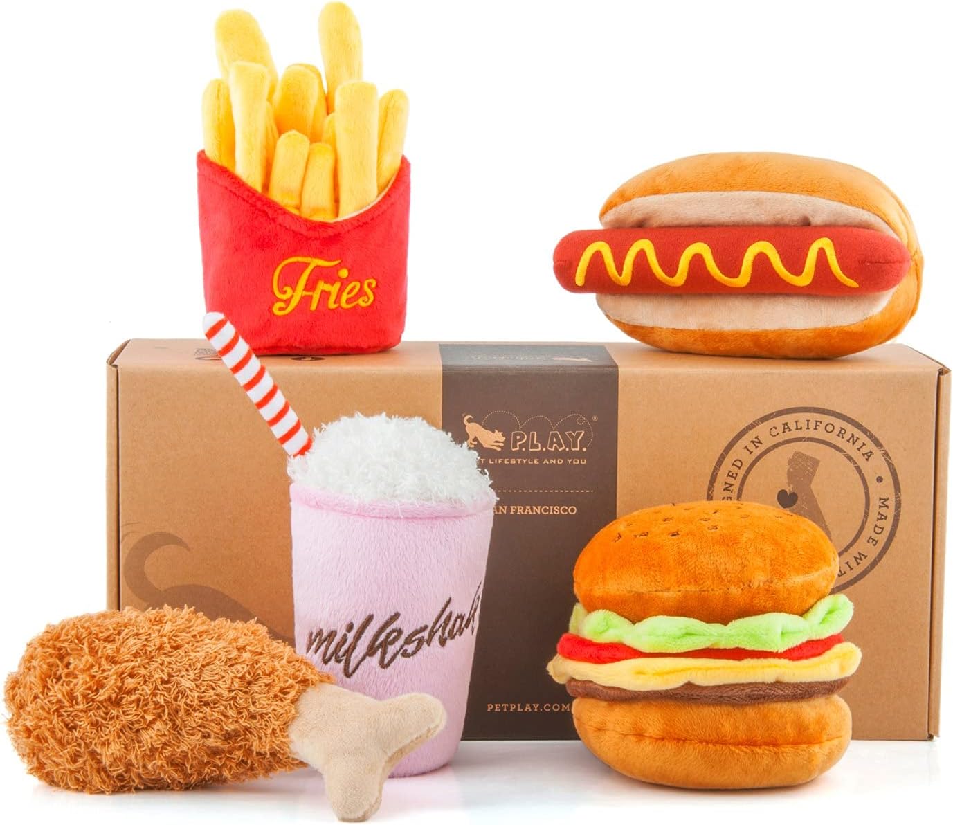 P.L.A.Y. PET LIFESTYLE AND YOU P.L.A.Y. Cute Plush Dog Toys - Fast Food Themed Durable Squeaker Chew Toys, Great for Puppies & Small Dogs - Machine Washable, Recycled Materials (5 Piece Set, X-Small)