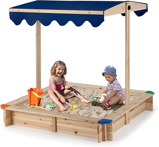 Costzon Kids Wooden Sandbox w/Canopy, Cedar Square Cabana Covered Sandbox, Children Outdoor Playset for Backyard, Home, Lawn, Garden, Beach, Large Sandpit w/Height Adjustable & Rotatable Canopy