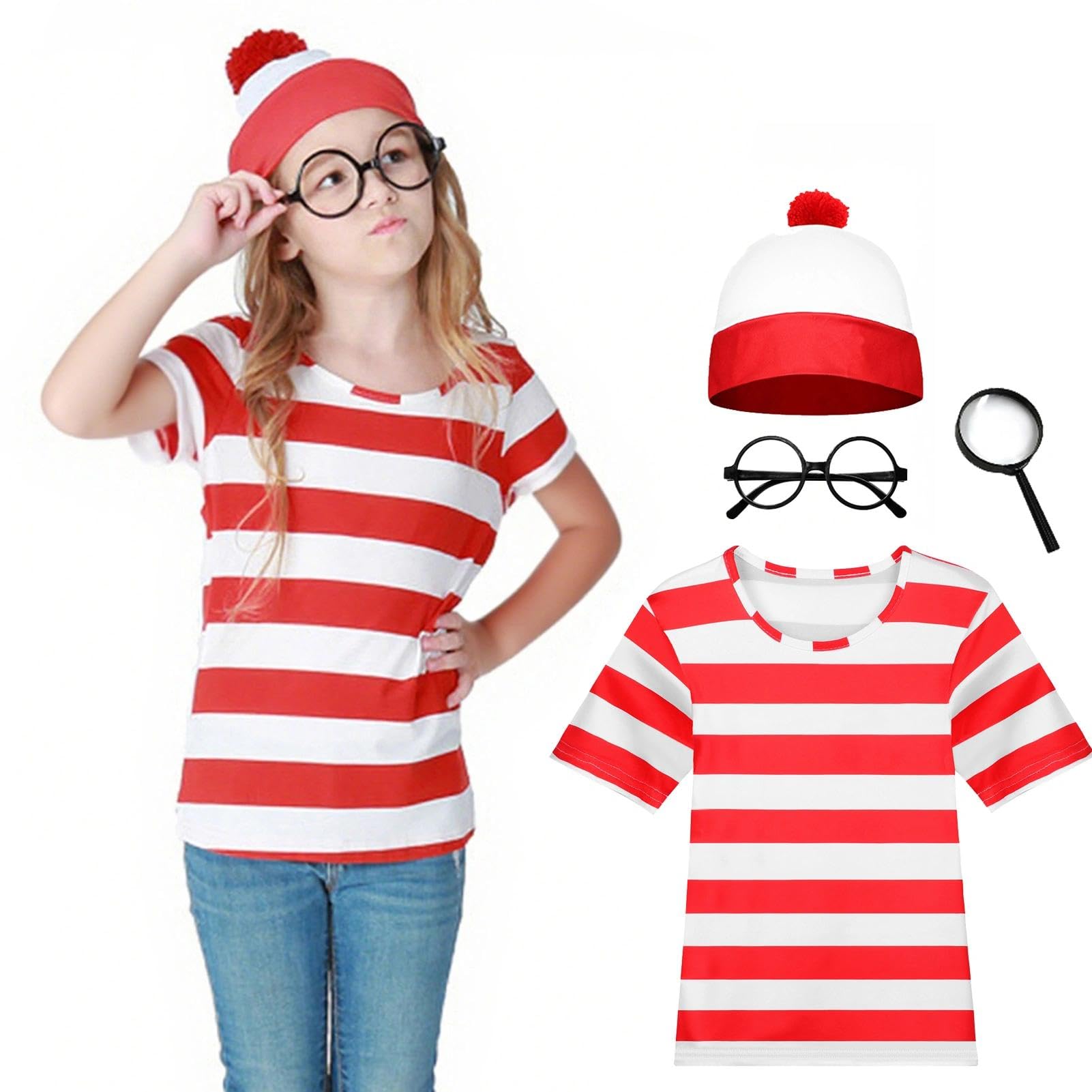 Aleshime Childs Wally Costume - Red and White Striped T-Shirt with Beanie Hat Glasses and Magnifying Glass - Boys Girls Halloween World Book Day Book Week Fancy Dress Costume