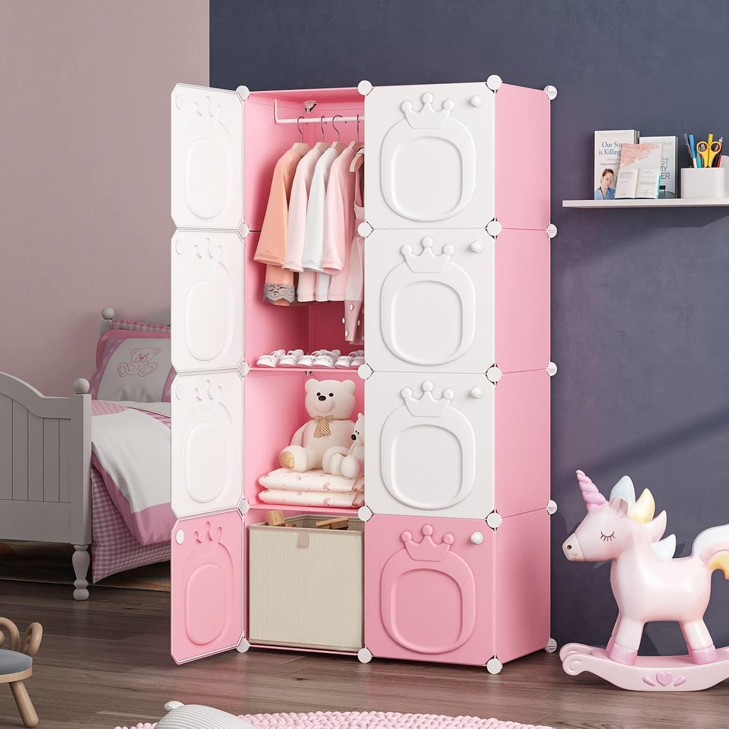 MAGINELS Kids Wardrobe, Baby Girls Closet Armoires Organizer with Door. Open Hanging Children Costume Area and 6 Cube Storage. Pink (28x14x56inch)