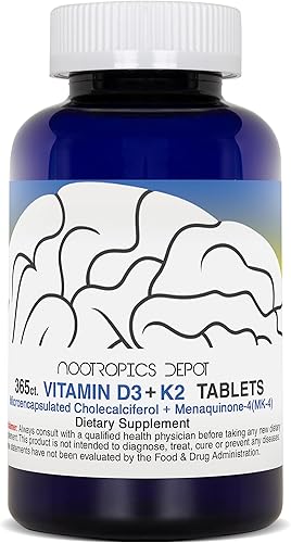 Miniatura 3 de Nootropics Depot Vitamina D3 + K2 con tabletas de vitamina C  365 unidades  Colecalciferol + Menaquinona-4 (MK-4)  Salud del estado de ánimo y los