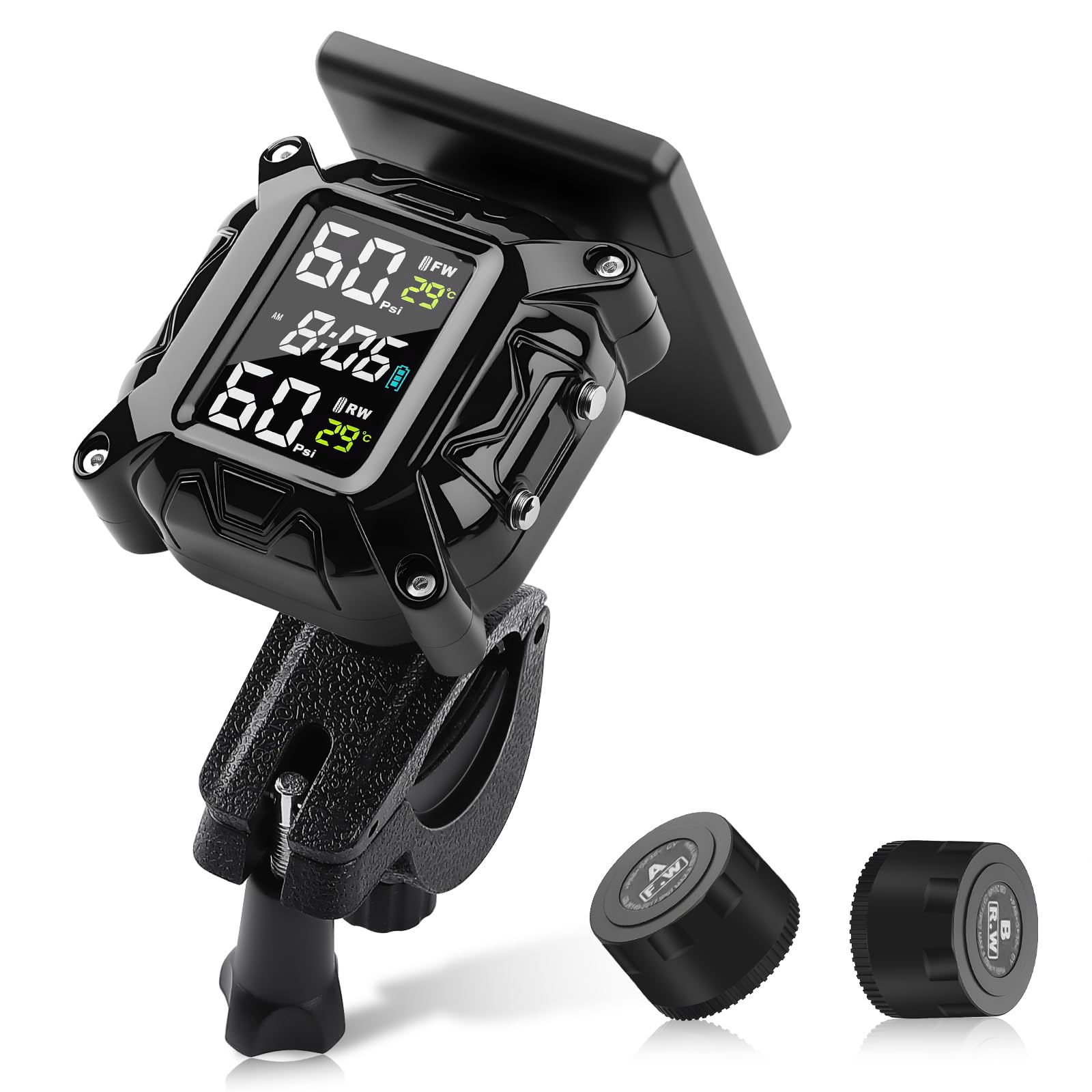 Sistema de monitoreo de presión de neumáticos TPMS para motocicleta, sensor de presión de neumáticos inalámbrico, 5 modos de alarma, carga magnética USB/solar, diseño impermeable IP67, con 2