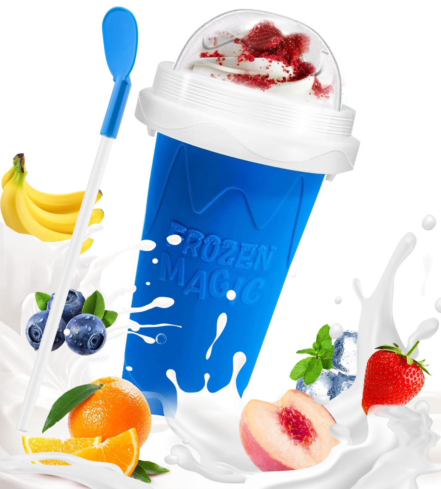 FANS-ONE Slushie Cup, 1 Pack Slushy Maker Cup, Frozen Magic Squeeze Cups for Juice Milk Yogurt Ice Cream Make, DIY Smoothie Cooling Cup with Lid &amp; Straw for Kids Friends Family (Blue)