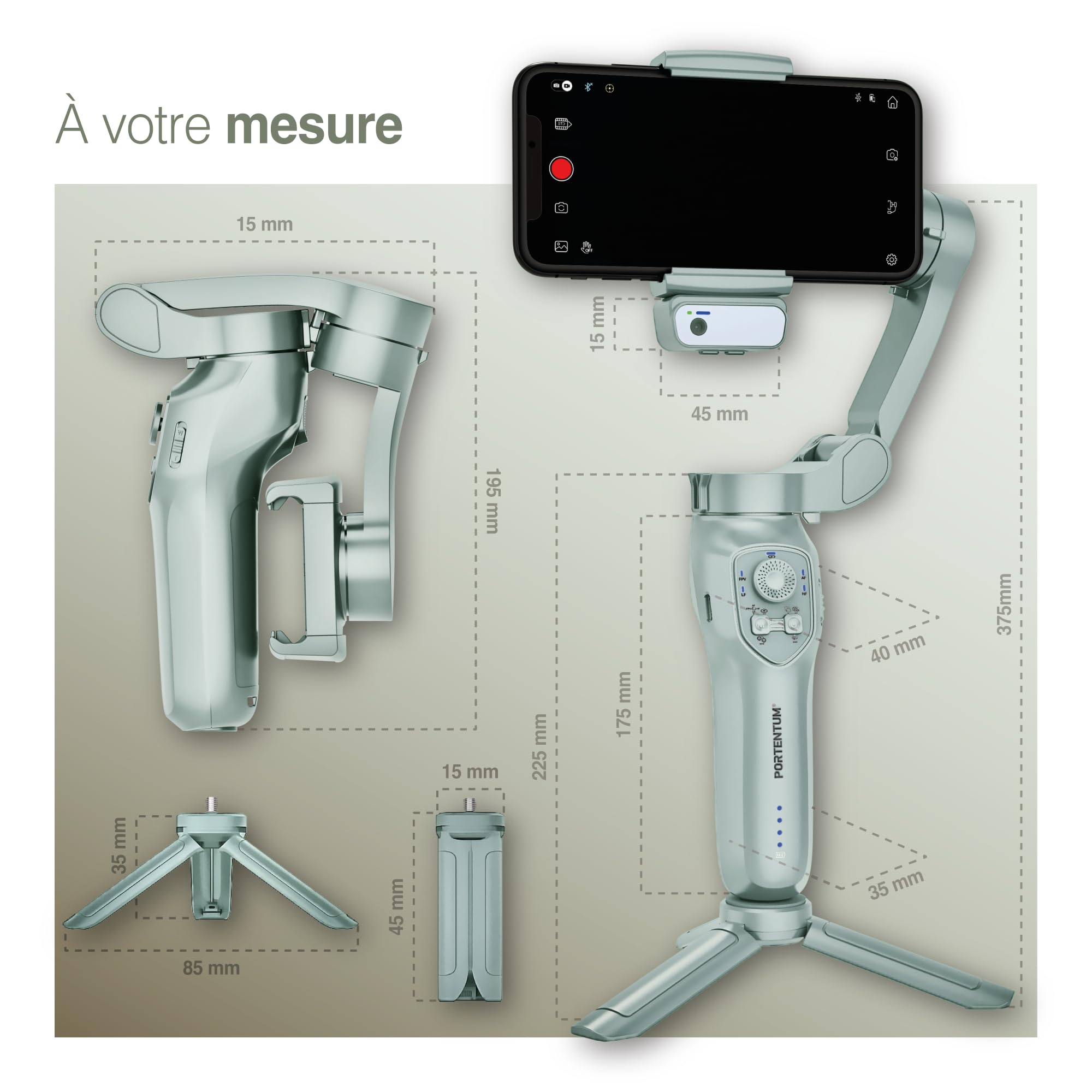 PORTENTUM 7 Pro Stabilisateur Smartphone avec Module IA de Suivi Autonome – Gimbal à 3 Axes Pliable avec trépied – Stabilisateur iphone et Android – App optionnelle – vlog Youtube TikTok