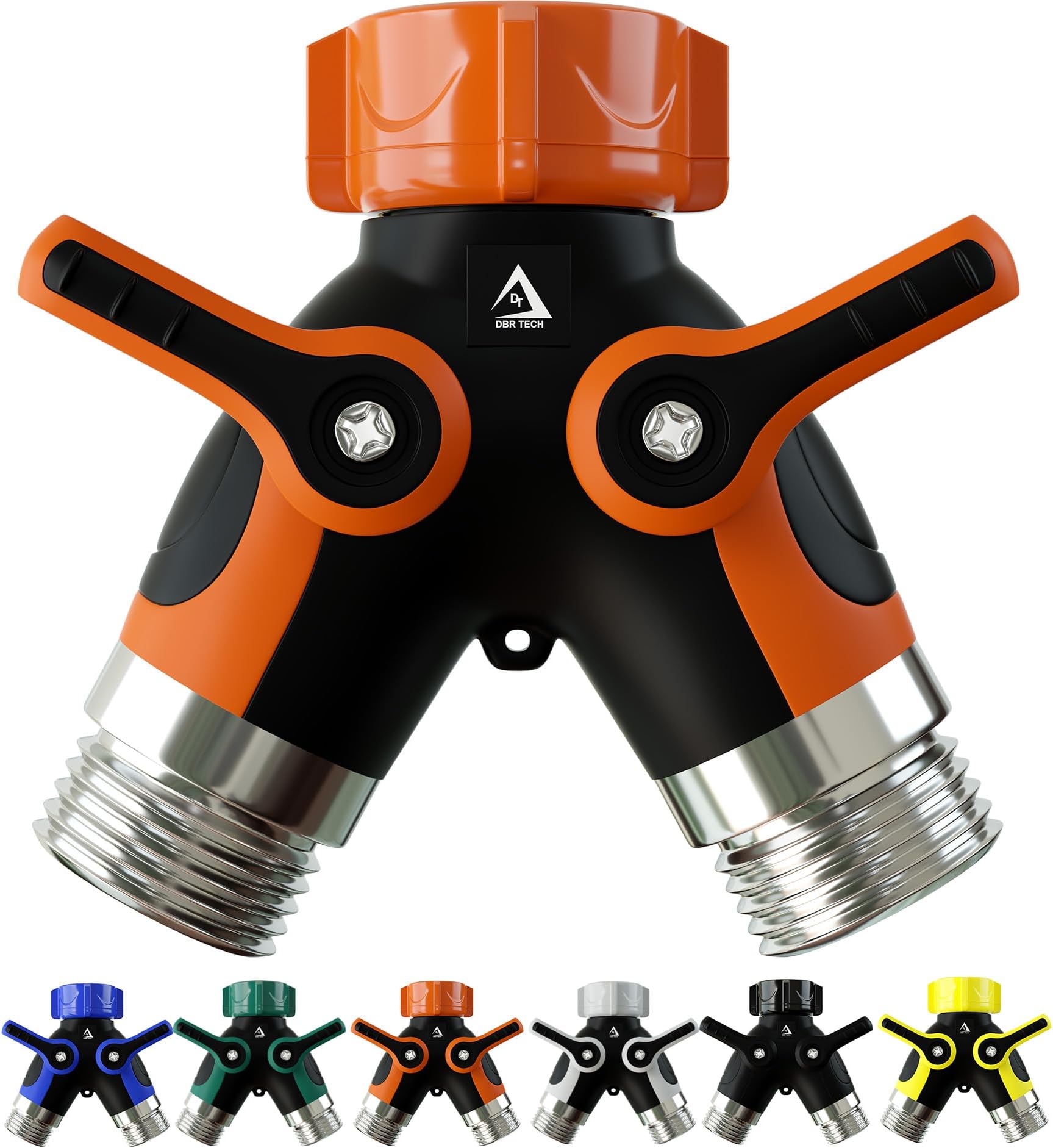 DBR Tech 2 Way Garden Hose Splitter for Outdoor Lawn and Gardening Hoses, Heavy Duty Metal Brass Faucet Attachment, Leak Resistant Threading with Shut Off Valves, Orange
