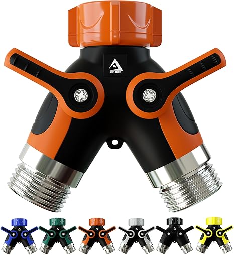 DBR Tech® Hose Splitter 2 Way, Heavy Duty Metal Connector, Two Way Garden Hose Splitter, High Flow Spigot Faucet Bib Adapter, Solid Double Y Shut Off Valve for Outdoor Gardening Hoses, Orange