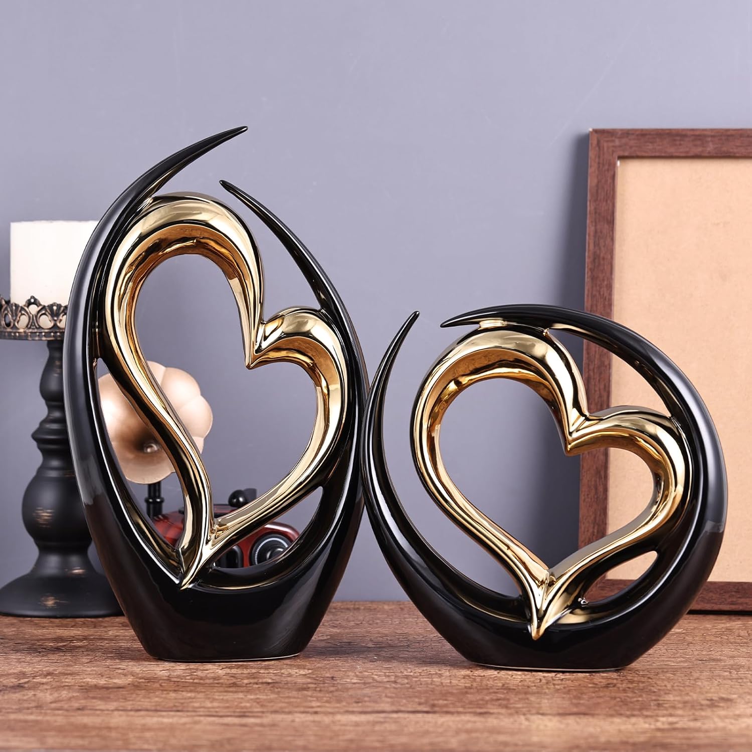 Ceramic Heart Decor Love Statue, Black Glod Double Hearts Sculptures for Home Table Centerpiece Decor, Valentine, Wedding, Decorative Items for Shelves, Coffee Table Decor (Hug Heart-Tall)