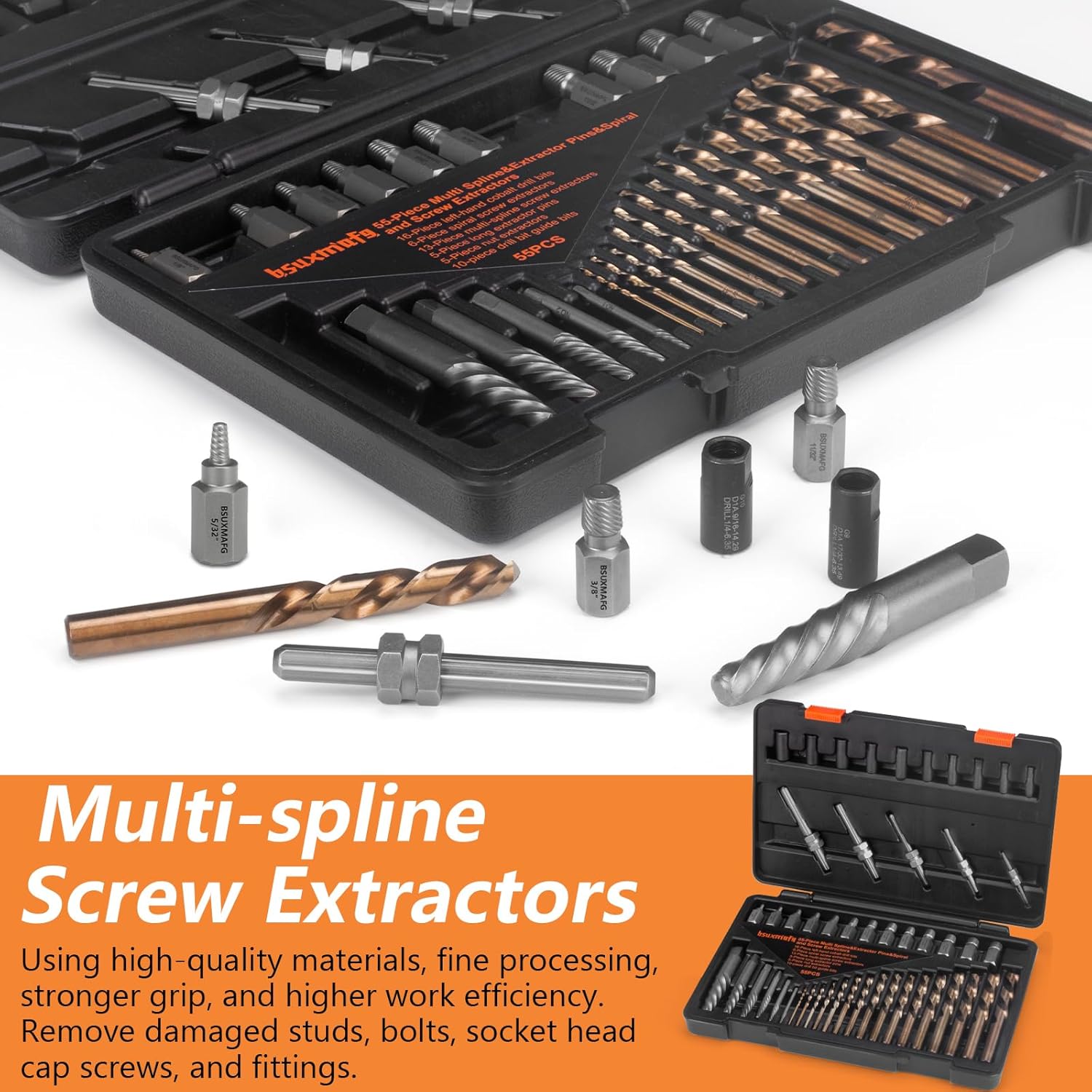 Screw Extractor Set, 55 Pieces Easy Out Bolt Extractor Set, Multi-Spline Extractors Remover for Removing Stripped Screws, Studs, Fittings and Lugs Extraction