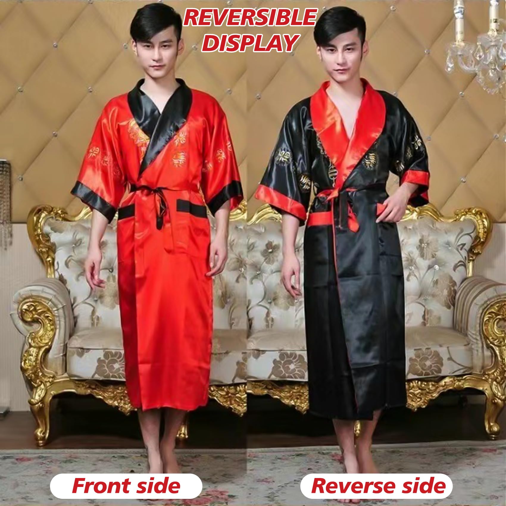 Kimono da uomo reversibile in seta accappatoi stile cinese leggero con cintura, Nero/rosso, Medium-Large