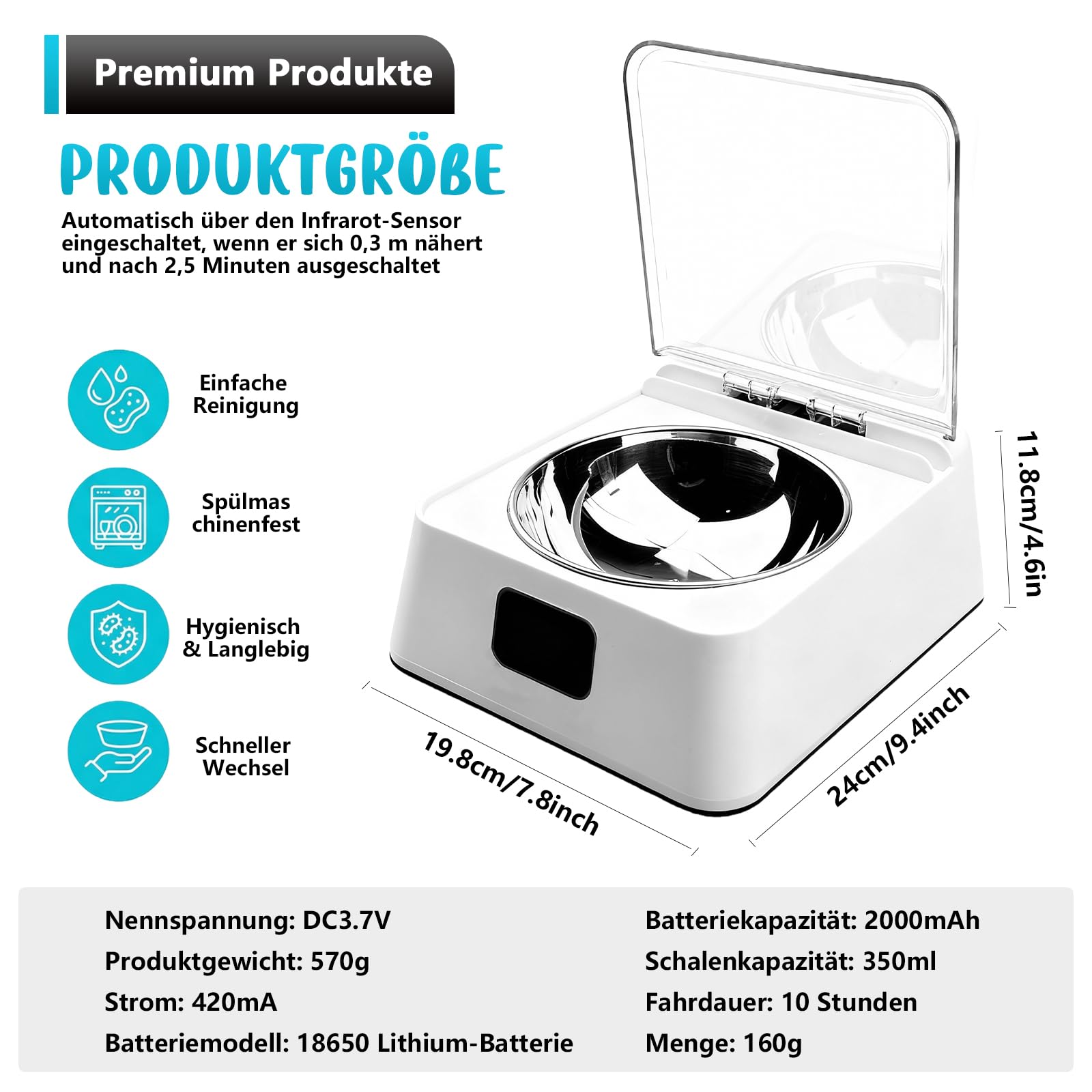 Futterautomat Katze Nassfutter 350 ml – Katzenfutter Automat mit Infrarot Sensor, Leiser Futterspender Katze, Nassfutterautomat für Katzen & Kleine Hunde, Automatic Cat Feeder USB Aufladbar