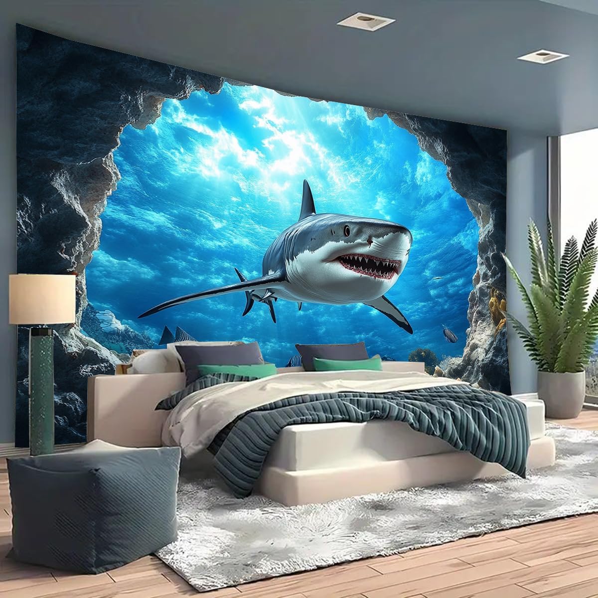FENDROM Blue Ocean Shark Tapestry Tropical Fish and Coral in Undersea Deep Abyss With Blue Sunlight Landscape Wall Hanging for Bedroom Living Room Kids Tree Dorm Party Decor