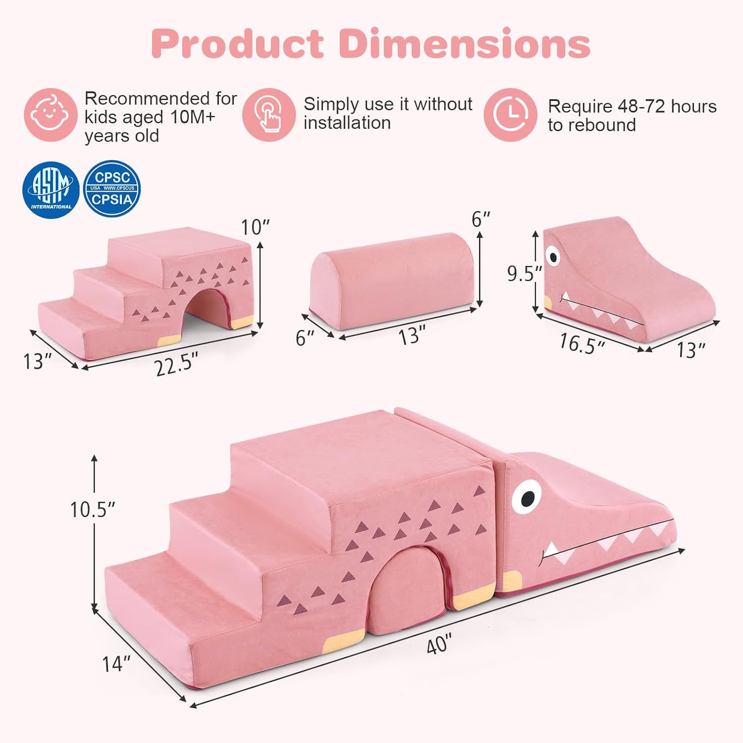 HONEY JOY Toddler Climbing Toys Indoor, 3-Piece Crocodile Foam Climbing Blocks, Modular Crawling & Sliding Activity Play Set, Baby Gym Equipment Playground, Soft Play Climbing for Toddlers (Pink)