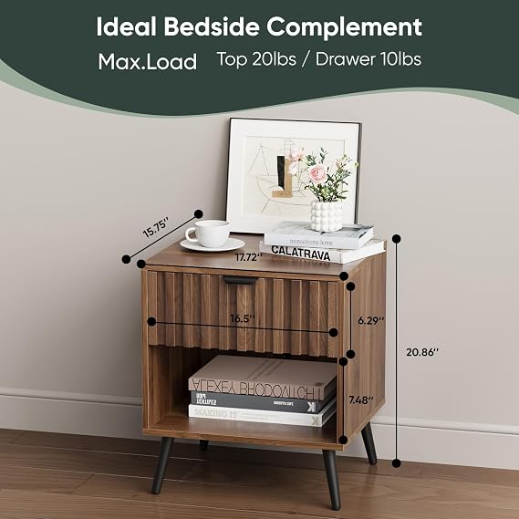 Nightstands, Walnut Fluted Night Stand, Mid Century Modern Nightstand, Bedside Table with Seamless Slatted Drawer, End Tables Bedroom with Metal Legs, Night Stand for Bedroom