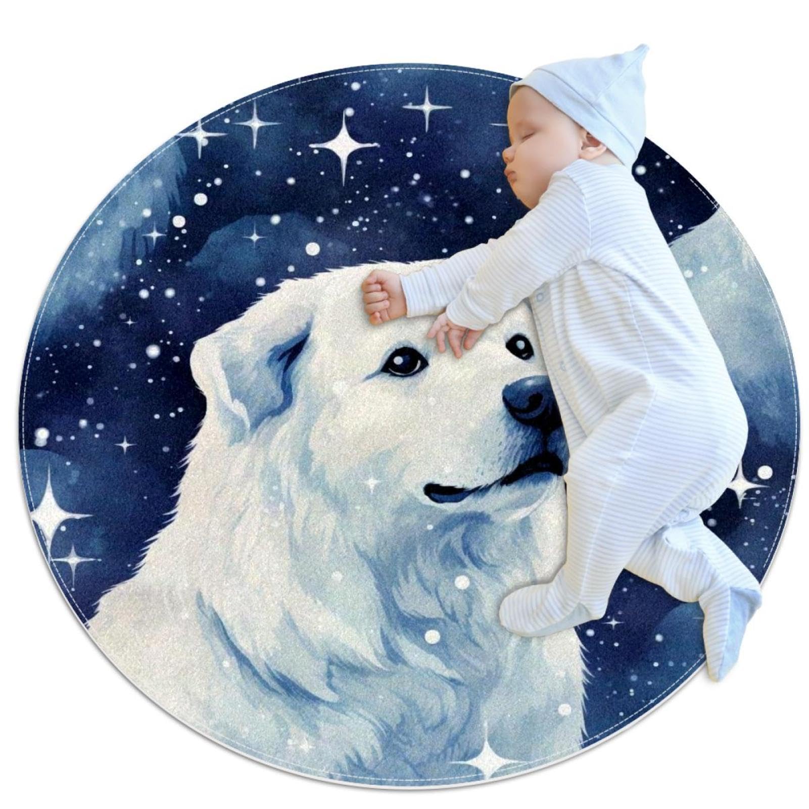 Tapis de salle de bain rond de 1m, chiot blanc et plume de paon antidérapant
