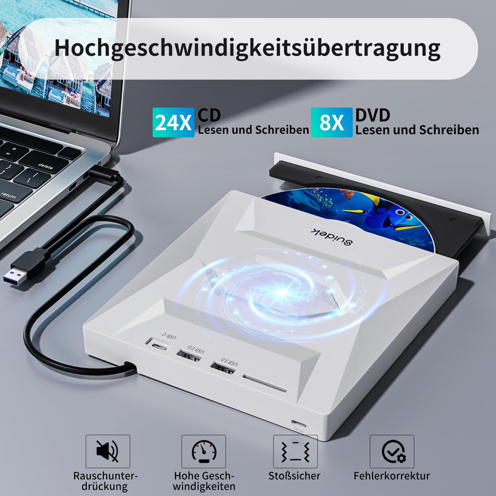 SUIDEK Externes CD DVD Laufwerk für Laptop, Ultra Slim Portable USB C CD/DVD +/-RW Brenner DVD Player für Laptop mit SD Kartenleser USB 3.0 Typ C Hub für Desktop PC Windows Linux