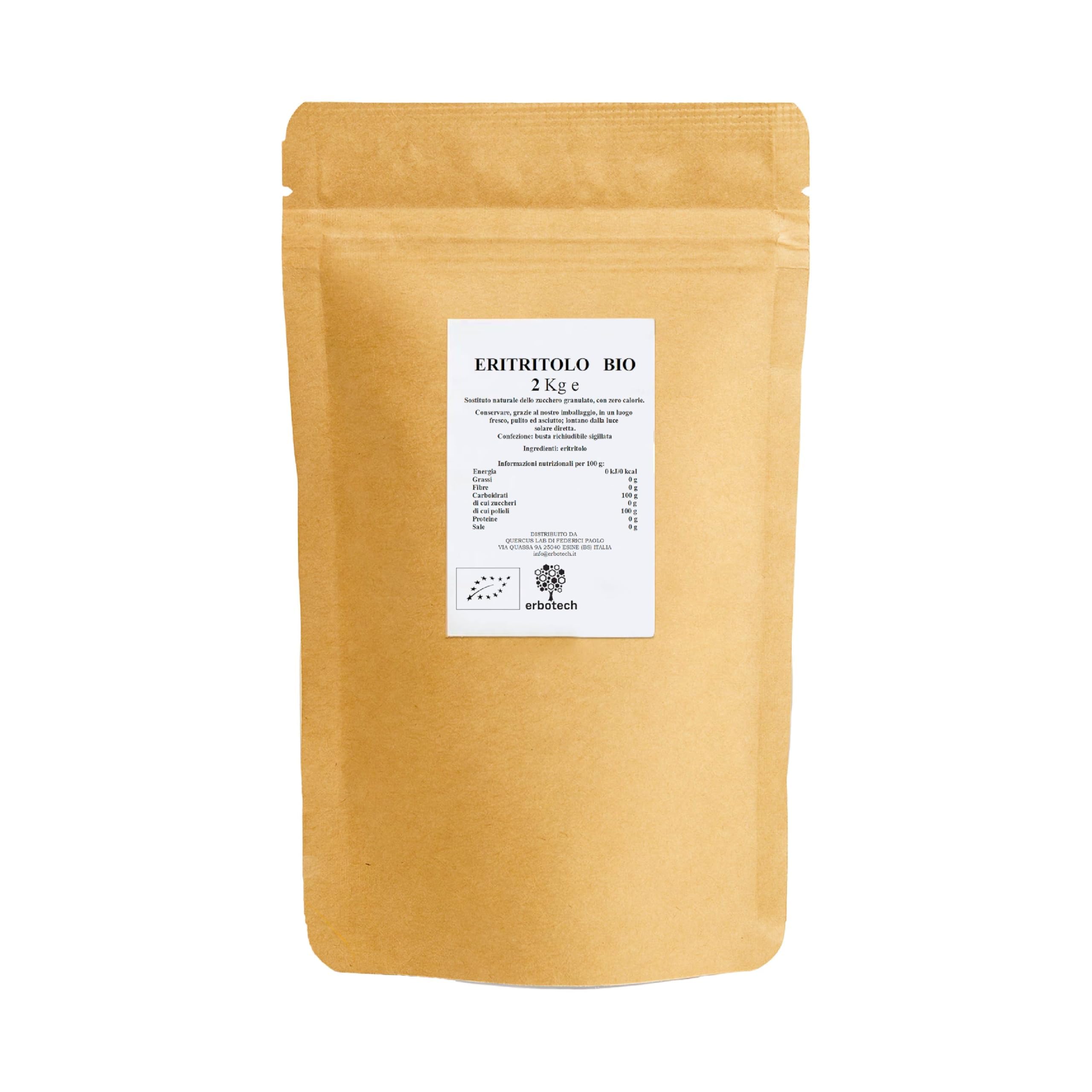 ERBOTECH Eritritolo BIO in Polvere, Busta da 2 Kg, Sostituto Biologico Naturale dello Zucchero con Zero Calorie, Adatto per Diabetici, Vegan, Senza Conservanti e Coloranti