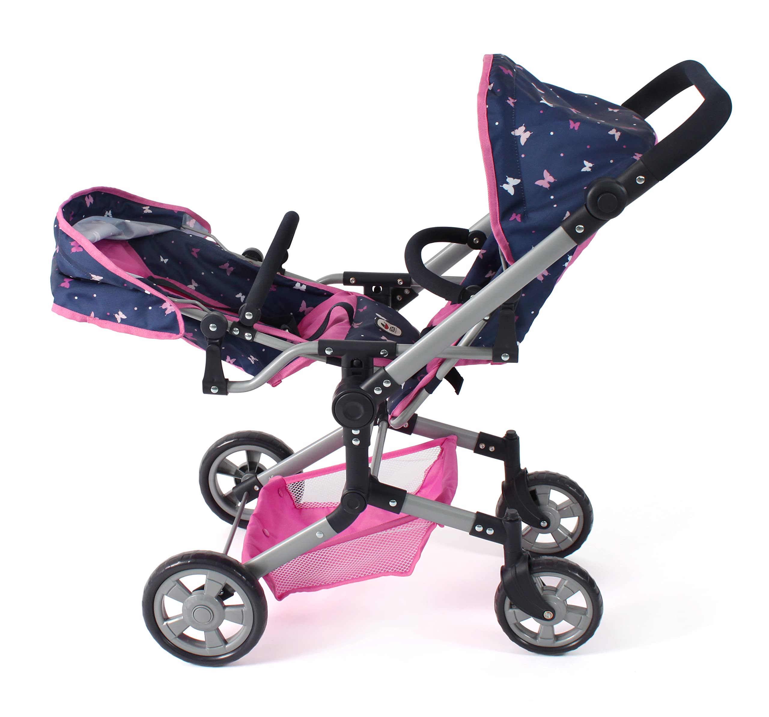Bayer Chic 2000® Wózek dla lalek Linus Duo – Butterfly Navy Pink – składany wózek dla lalek bliźniaczek – regulowany uchwyt 50-82 cm – lalki do 50 cm – 4-8 J.