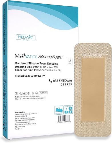MedVance TM Silicone - Apósito de espuma adhesiva de silicona con bordes, 2 x 5 pulgadas (almohadilla de 1.2 x 3.4 pulgadas), caja de 10 apósitos