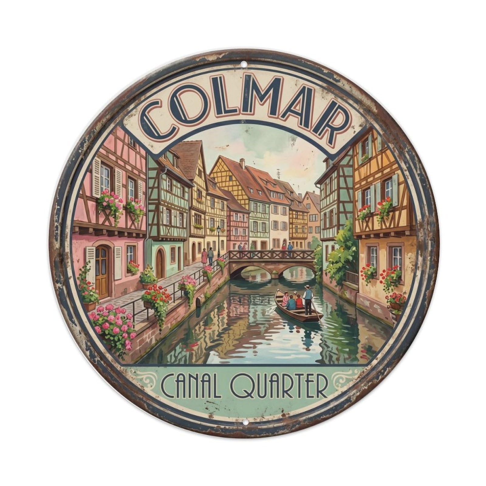 Vintage Travel Colmar Petite Waterways Metal Tin Sign Plaque Wall Decor for Cafe, Club, Garden Round Metal Poster 8x8Inch