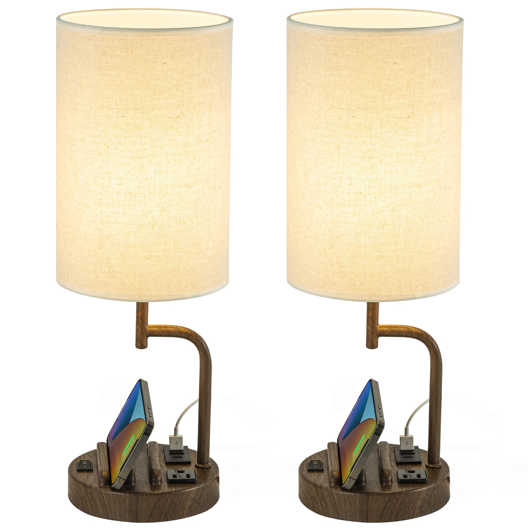 Dreamholder Table Lamp with 3 USB Charging Ports, Modern Desk Lamp with AC Outlet and Phone Stands, Perfect Bedside Lamp for Bedroom, Living Room, Office (Pack of 2), Walnut