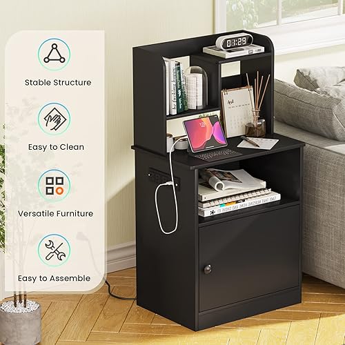 Miniatura 6 de EPHEX Juego de 2 mesitas de noche con estación de carga mesita de noche de 394 pulgadas de alto con estantes mesa auxiliar con 2 estantes abiertos