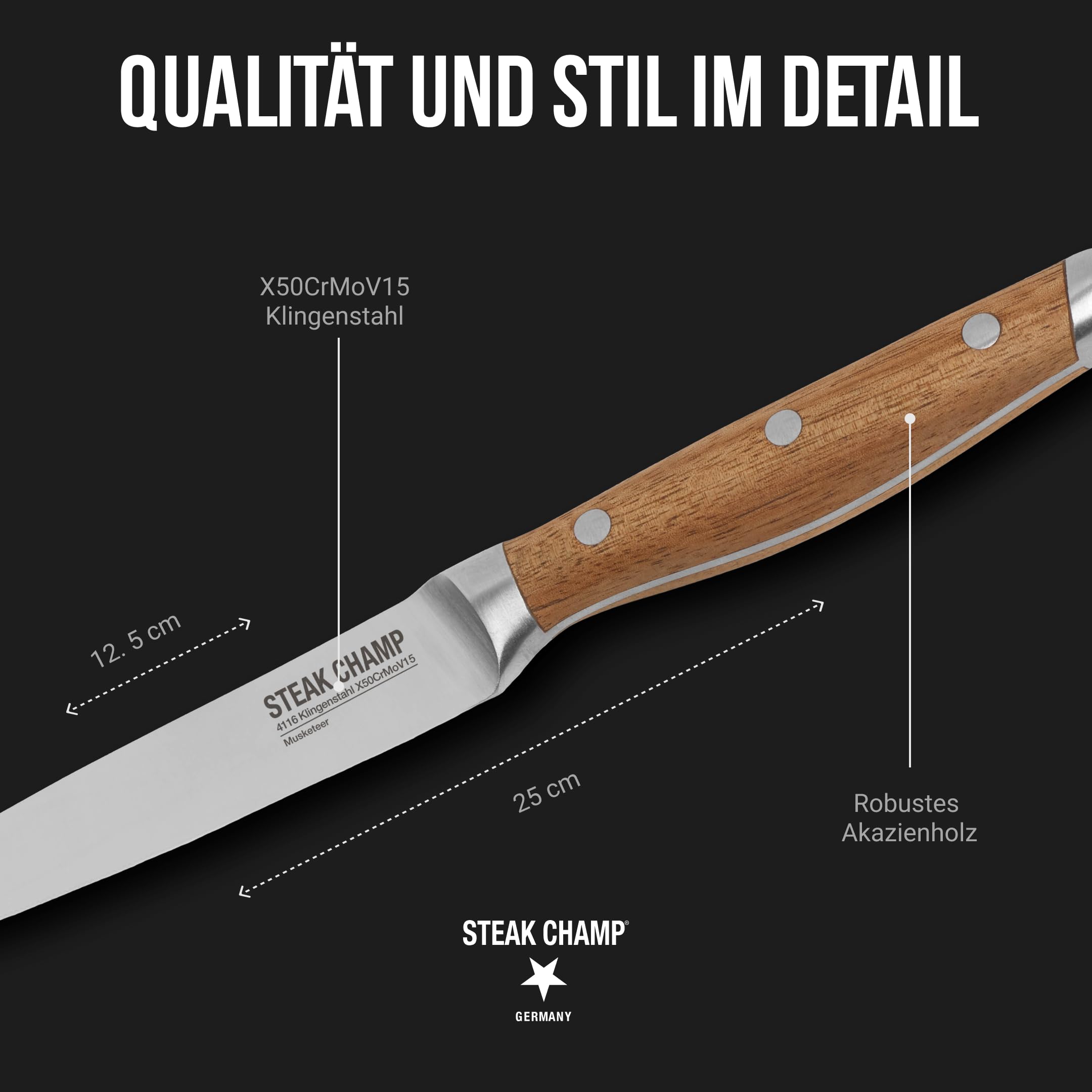 Steakchamp Fleischgabel und Steakmesser, 2 x 2 Stk.: Gabeln und Messer aus Klingenstahl, mit Mikrowellenschliff, Set 4-teilig, inkl. Holzkiste
