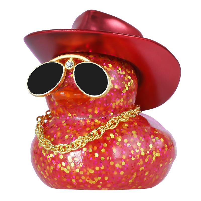 Pato de borracha decorativo vermelho BOZILY com chapéu de cowboy, óculos decorativos e recurso sonoro, 1 unidade