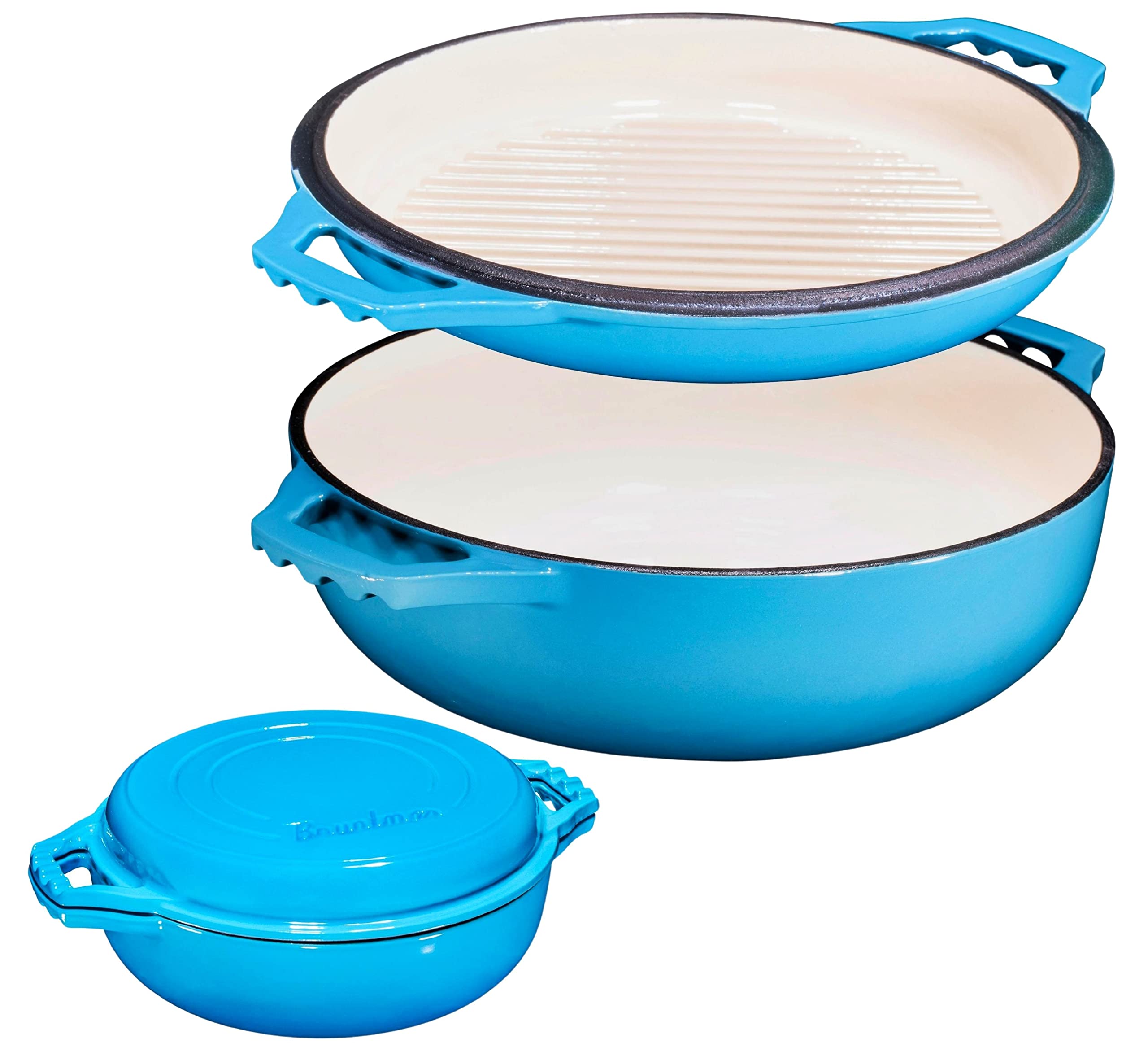 2-in-1 Pre-Seasoned Cast Iron Pan |Cocotte Double Braiser Pan with Grill Lid 3.3 Quarts - Barbecue Grill Non Stick Frying Pan - Nonstick Cookware Set with Wide Handle Gradient Blue