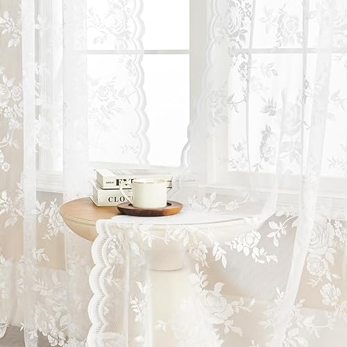 Miniatura 3 de 2 paneles de cortinas traslúcidas de encaje de 72 pulgadas de largo, cortinas florales blancas para sala de estar, dormitorio, bolsillo para