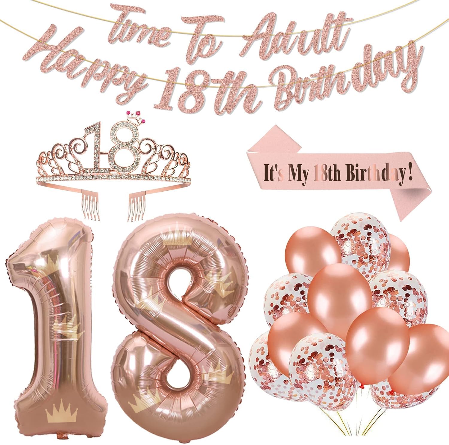 Rose Gold 18th Birthday Decorations for Girls Rose Gold 18th Birthday Banner 18th Birthday Sash 18th Tiara 40 Inch NO. 18 Rose Gold Foil Balloons Rose Gold Confetti Balloons 18th Rose Gold Party Set