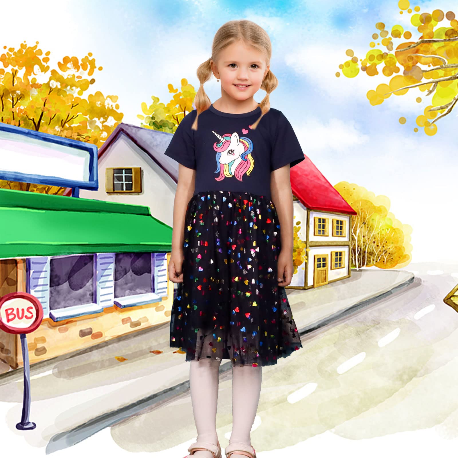 Vestido Niña Unicornio Algodón Lentejuelas Tul Cuello Redondo Vestidos Princesa Fiesta Verano Talla 2-7 Años