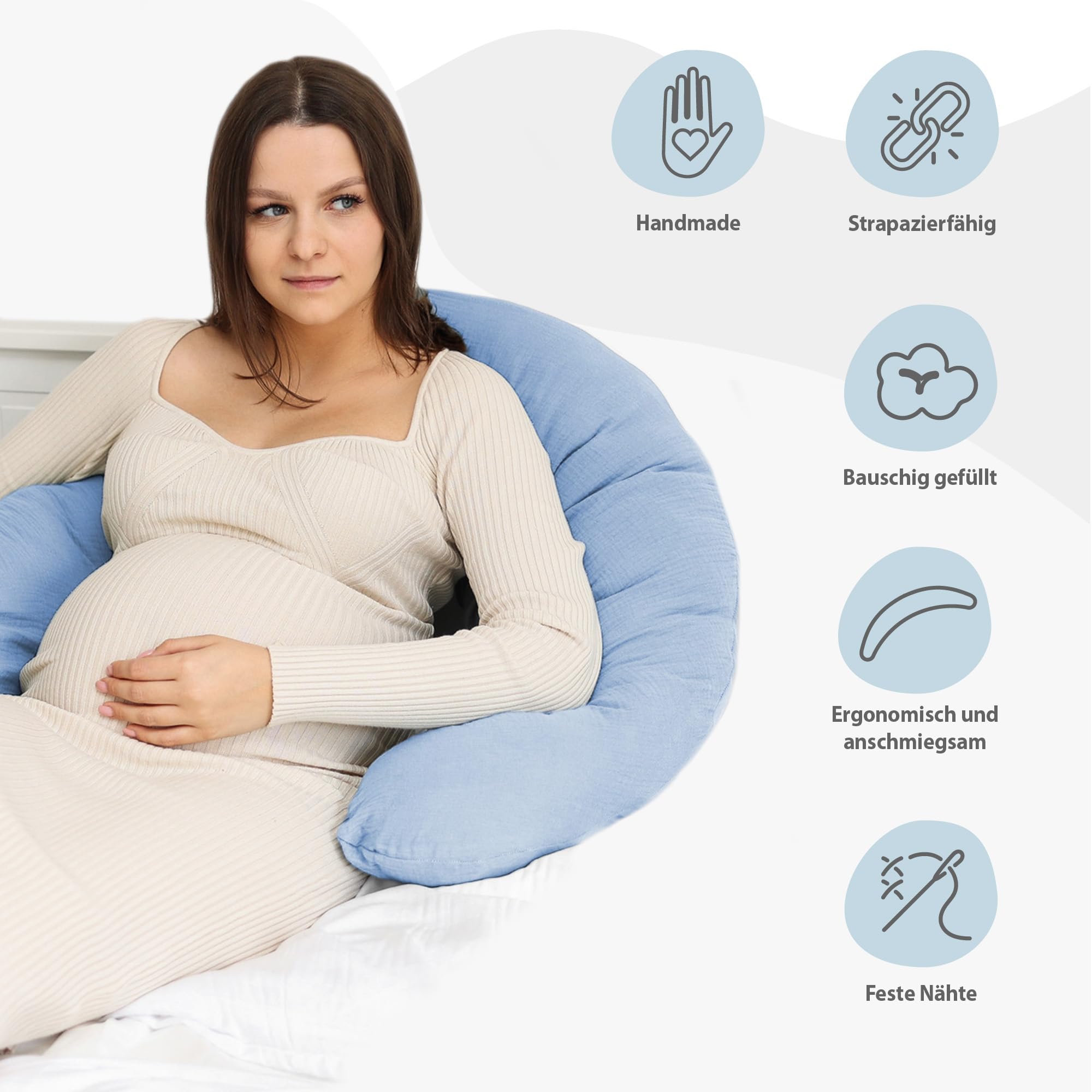 Cuscino allattamento e gravidanza Mussola 140cm – Guanciale laterale corpo per dormire sul fianco Supporto perfetto per il riposo e il relax Ideale per maternità e futuro mamme Forma a C Oeko-Tex