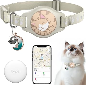 Cat Tracker Collar - Waterproof Airtag Cat Collar with Finder Tag iOS ONLY, Compatible with Apple Find My, Breakaway Tractive Design with Reflective Pattern & Bell, KhakiNot for Android Devices