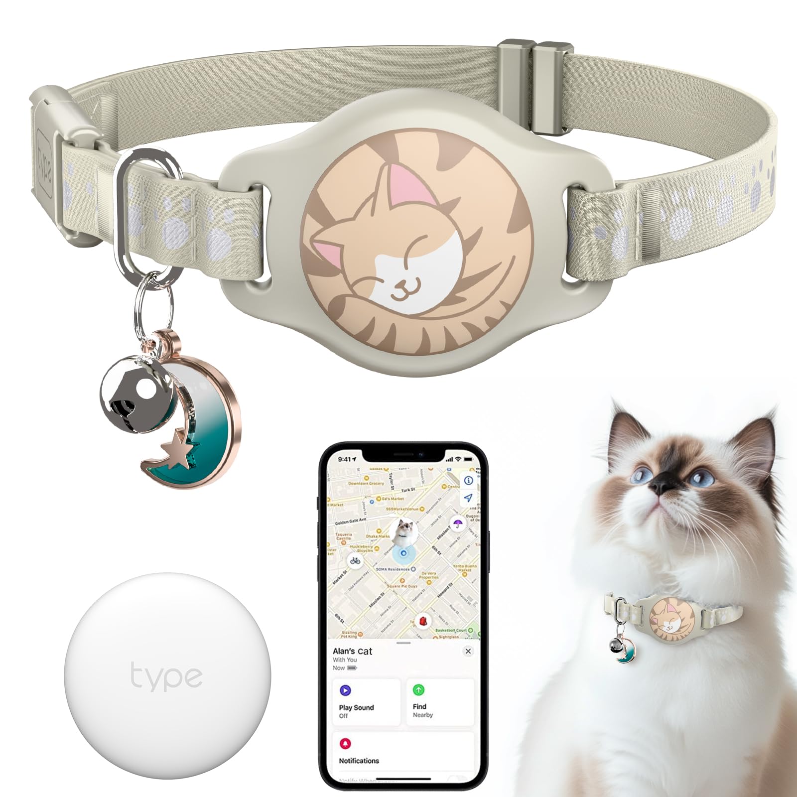 Cat Tracker Collar - Waterproof Airtag Cat Collar with Finder Tag (iOS ONLY), Compatible with Apple Find My, Breakaway Tractive Design with Reflective