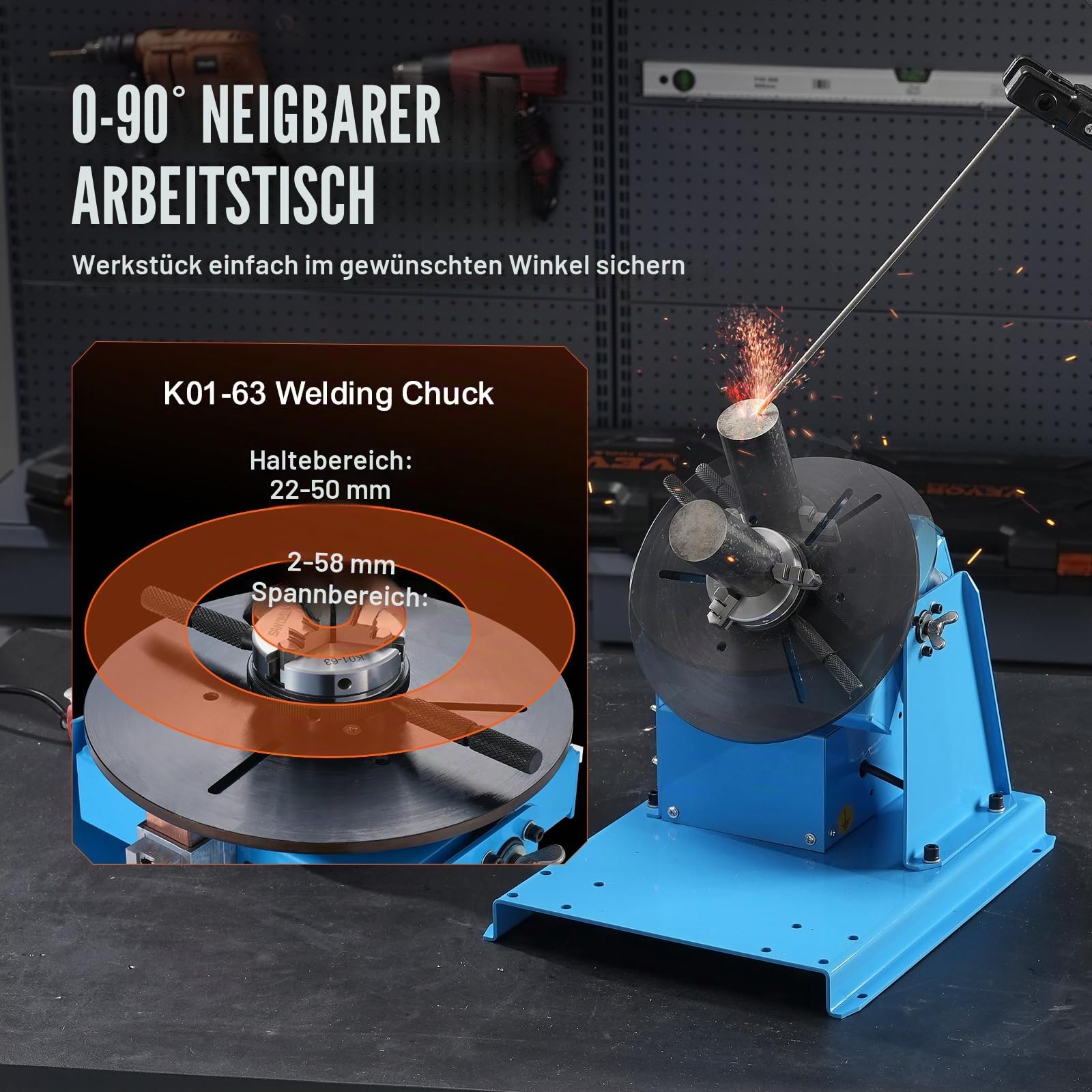 VEVOR Schweißdrehtisch 20 W Schweißpositionierer 1-12 U/min Manipulator 10 kg(Horizontal)/5 kg(vertikal) Drehtisch 0–90° Neigungswinkel K01-63 Dreibackenfutter zum Schneiden, Schleifen, Montieren