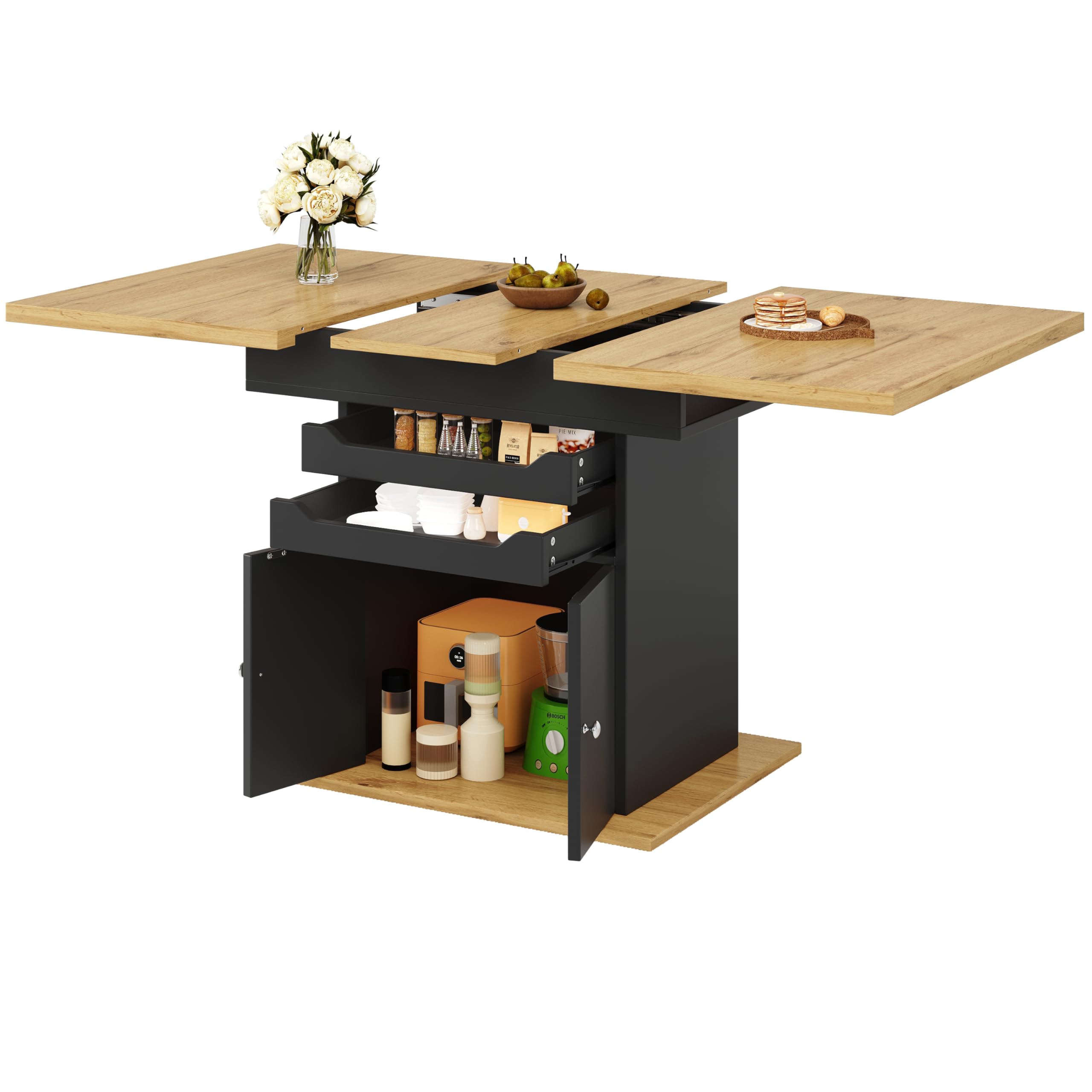 Table à manger télescopique pliable pour 4 à 6 personnes - Table à manger extensible - Table de cuisine peu encombrante pour cuisine et salon - Table avec casier à vin (Black-A + 110-140 x 80