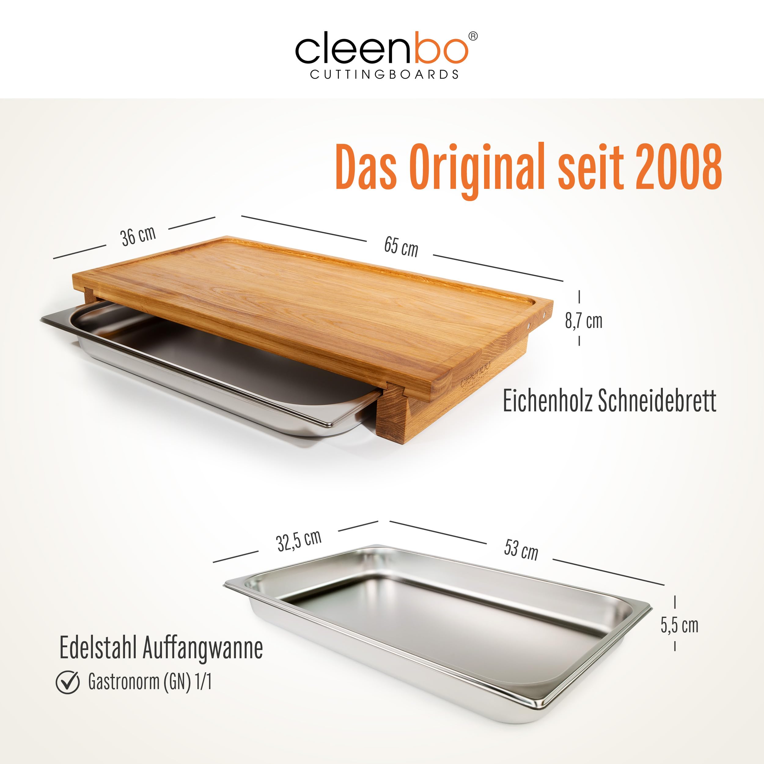 Schneidebrett Classic Oak Big bloc GN BBQ - Profi Holz Küchenbrett groß aus geölter Eiche - Hackbrett XXL mit Auffangschale - Edelstahl Auffangbehälter - Maße: 65 x 36 x 8,7 cm