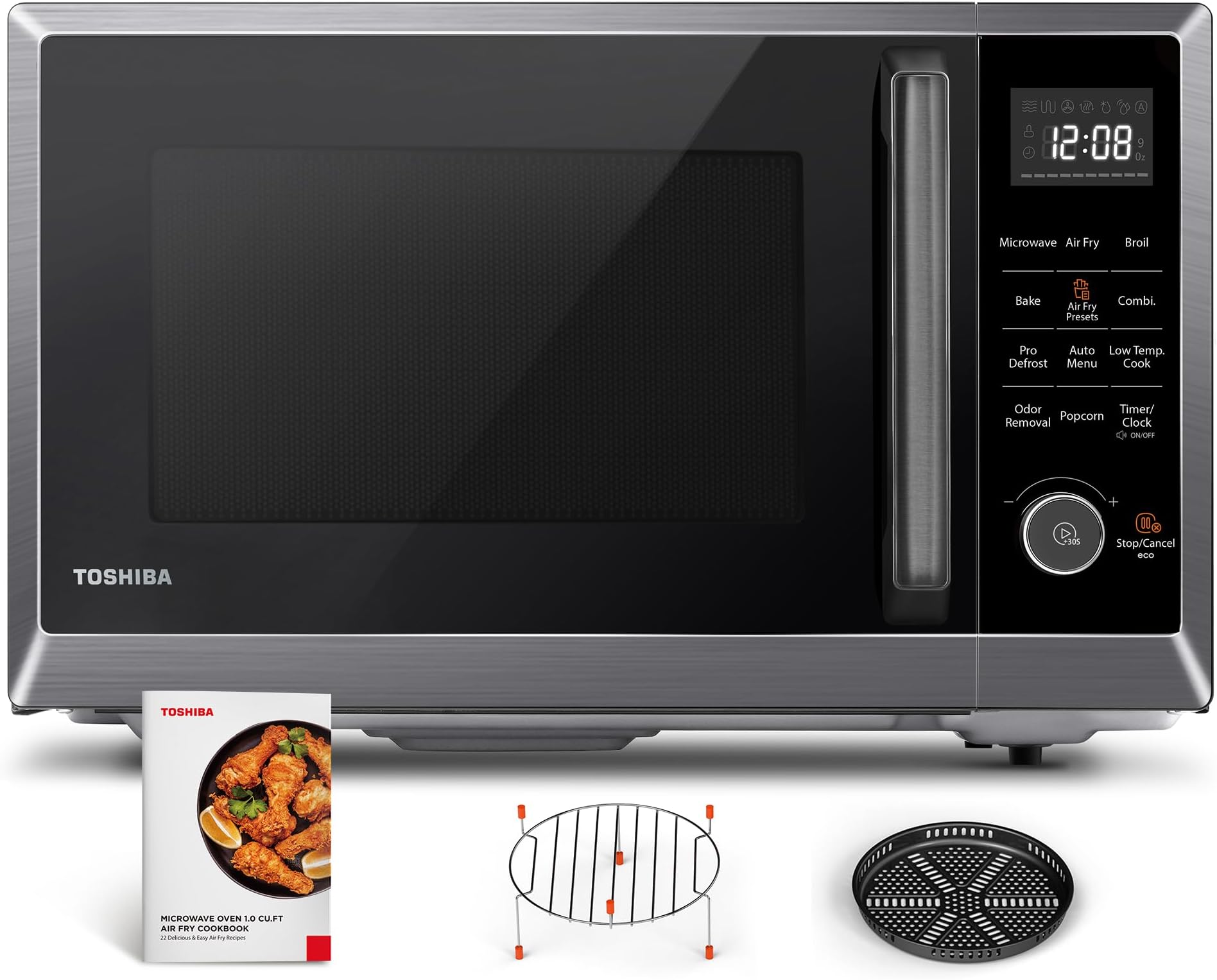 TOSHIBA Air Fryer Combo 8-in-1 Countertop Microwave Oven, Convection, Broil, Odor removal, Mute Function, 12.4" Position Memory Turntable with 1.0 Cu.ft, Black stainless steel, ML2-EC10SA(BS)