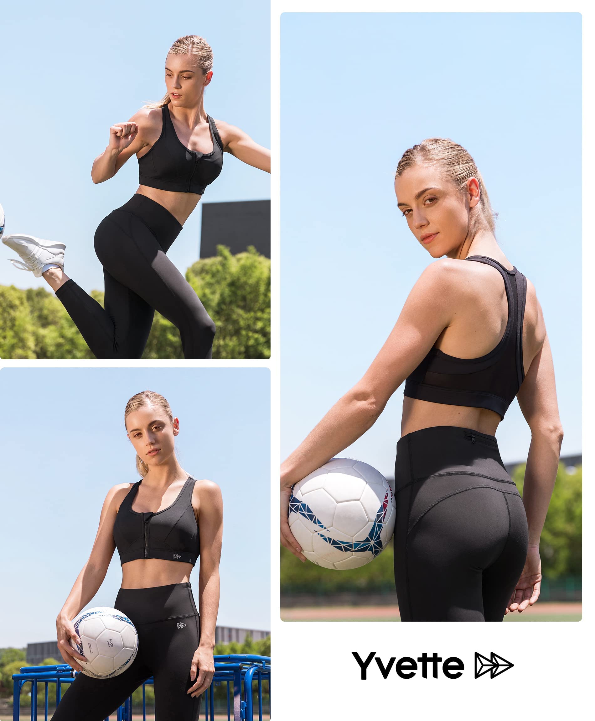 Yvette Reggiseni Sportivi ad Alto Impatto per Donne Chiusura Lampo Frontale Seni Grandi,Nero,S Plus