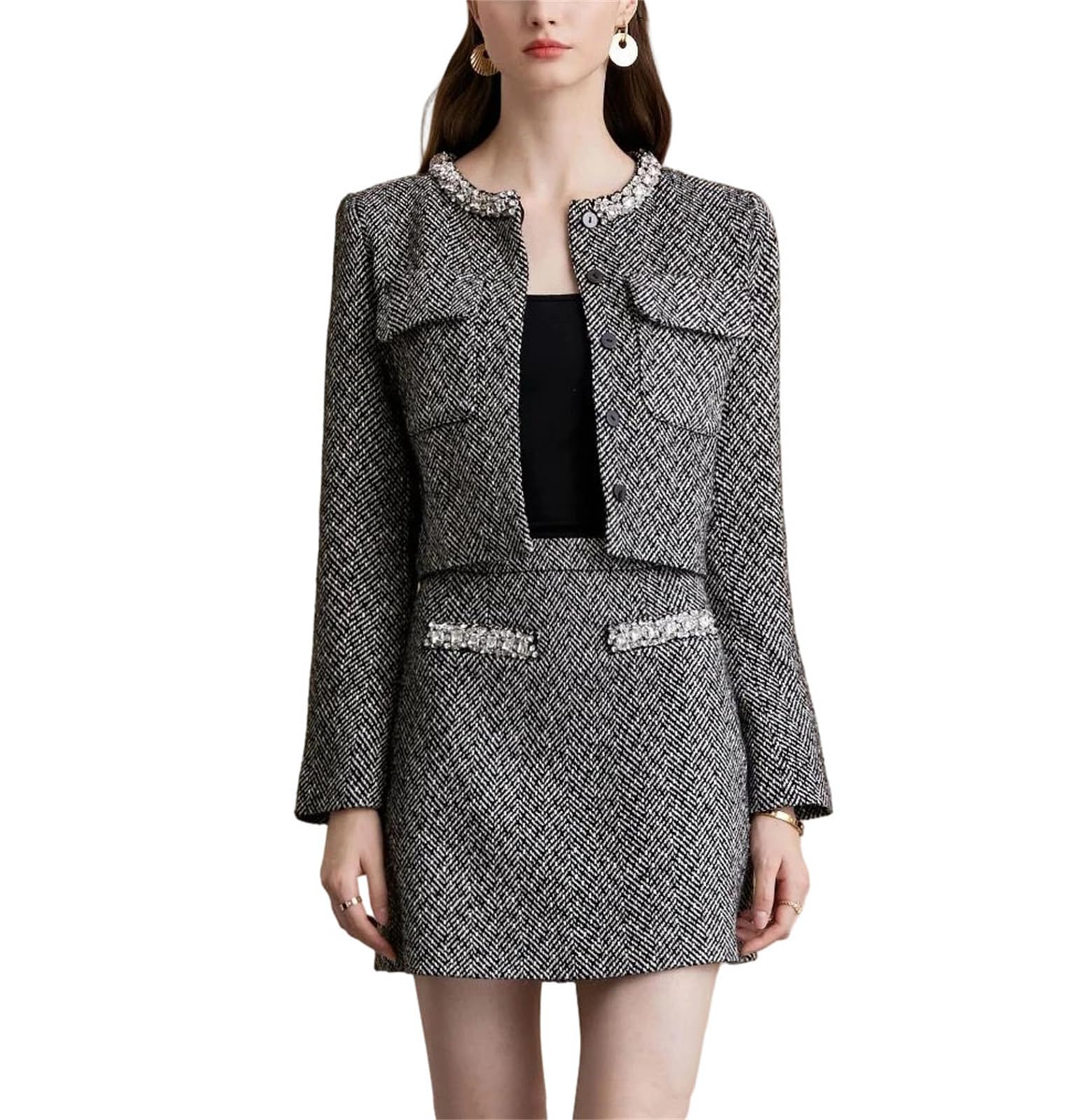 Womens Elegant Beaded Embellished Tweed Jacket and Mini Skirt Two Piece Outfit Fashion Business Suit for Party