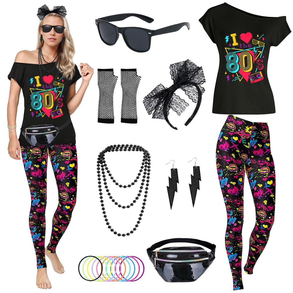 80s Costume Outfits for Women, 1980s Fancy Dress with T Shirt Pantalon Accessories Sets, Neon Clothes for Carnival Party