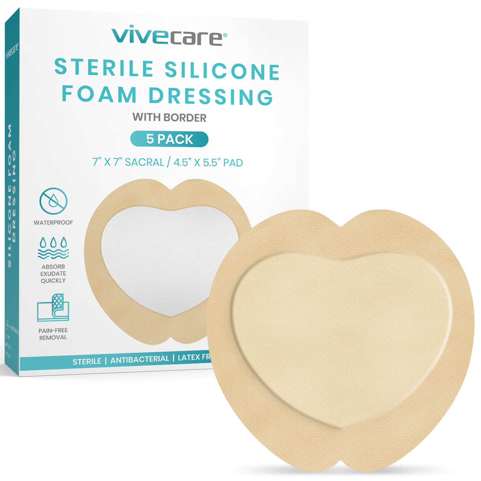ViveCare Sacral Silicone Foam Dressing 7x7 With Border Adhesive - Bed Sore Bandage - Silicone Bordered Sacral Pad - Pressure Sore & Ulcer Patches (5 Pack)